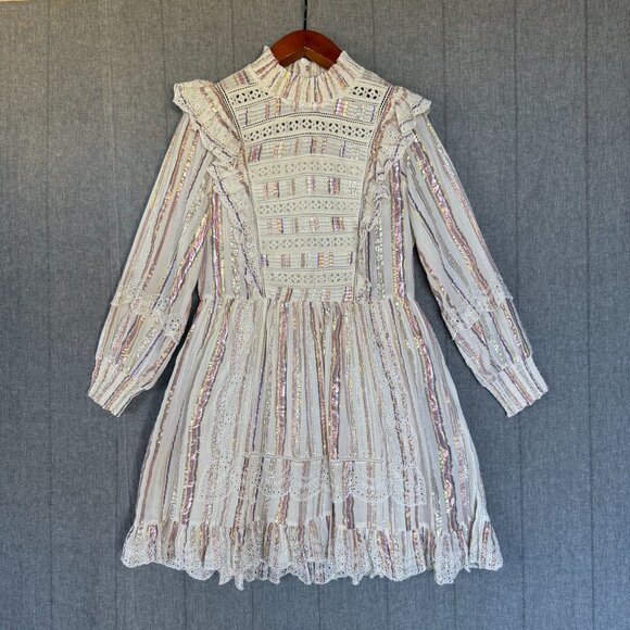 Sea New York Cream Metallic Striped Eyelet Ruffle Long Puff Sleeve Short Dress - Picture 3 of 17